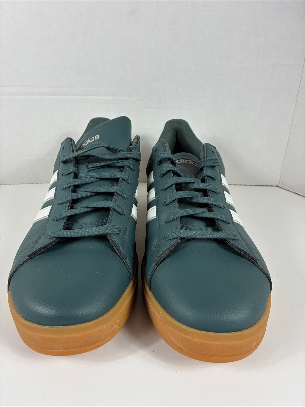 adidas Men's Teal Sneakers with White Stripes and Gum Sole Size 14